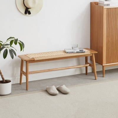 Natural Oak Wood Accent Bench,Bed Bench With Weave Rattan Seat And Solid Wood Frame,Rectangle Bedroom Wooden Side Bench-Cuddlewood