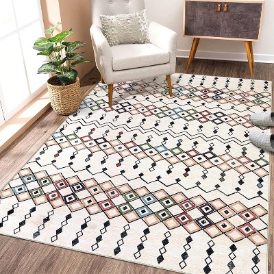 Area Rug Machine Washable Vintage Trellis Accent Rugs Non Slip Backing Geometric Rug Low Pile Farmhouse Distressed Indoor Carpet