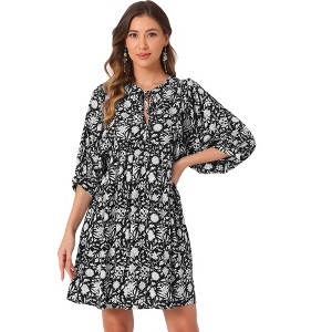 INSPIRE CHIC Women's Floral V Neck 3/4 Sleeve Casual Mini Flare Dress - 1 of 4