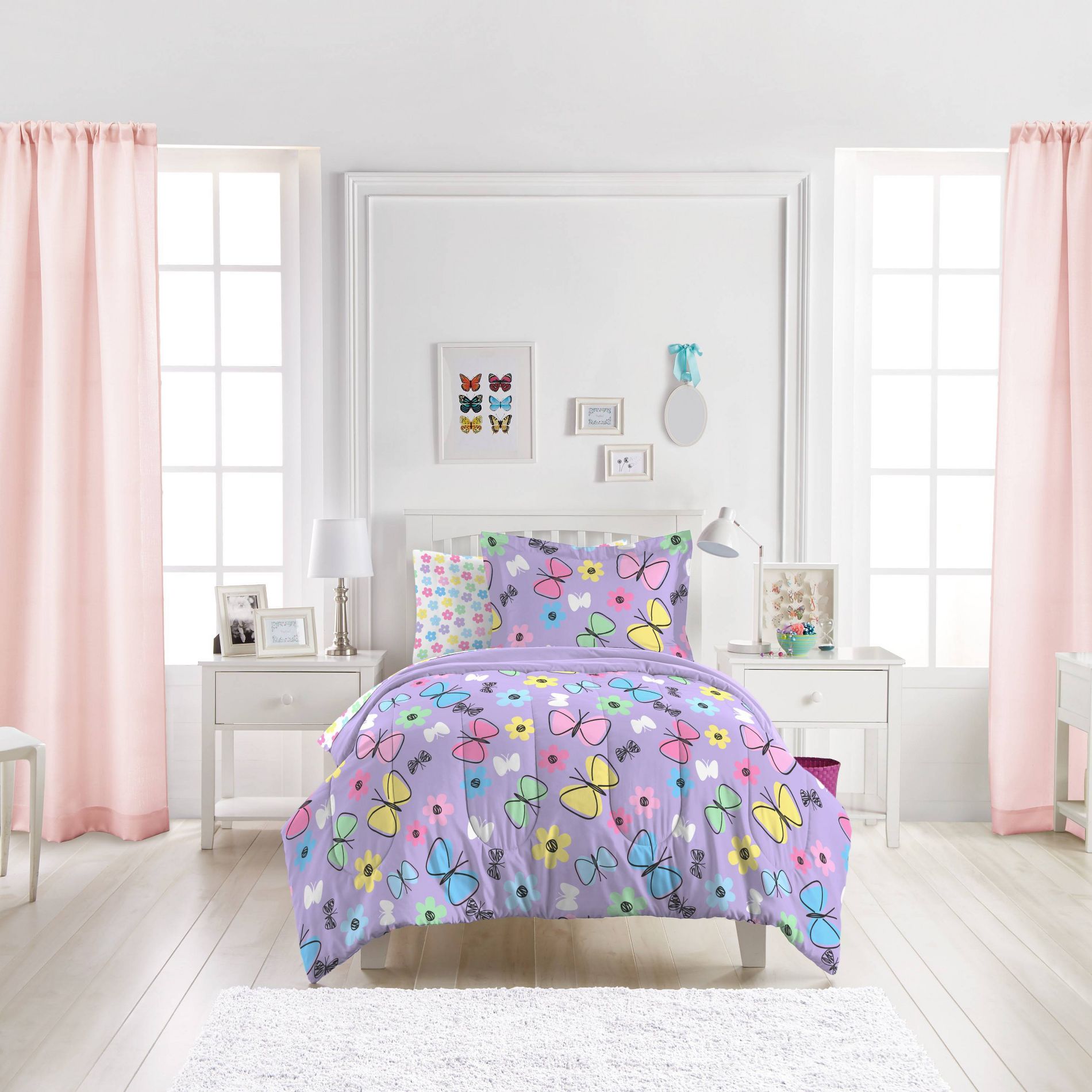 Twin Reversible Sweet Butterfly Mini Kids' Bed in a Bag Purple/Blue - Dream Factory: Girls Twin Comforter Set, Microfiber