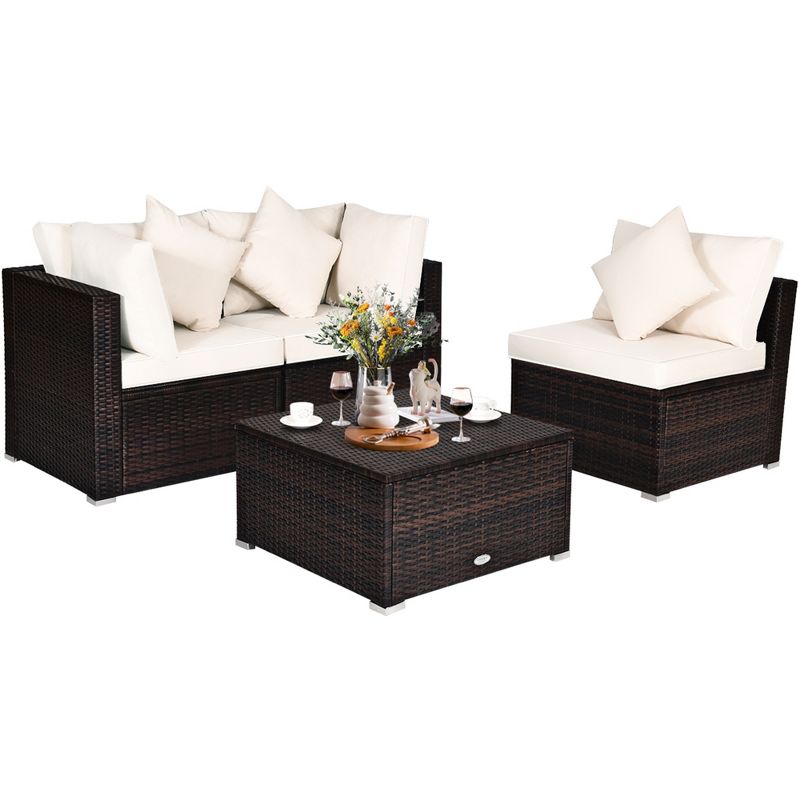 Tangkula 4PCS Patio Rattan Wicker Sectional Sofa Set Conversation Furniture Set w Cushion, 1 of 6