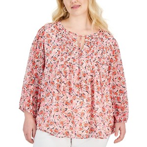Tommy Hilfiger Womens Floral Pintucked Knit Blouse, Pink, 3X - 1 of 1