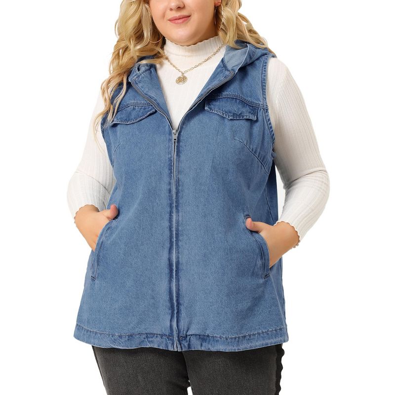 Agnes Orinda Women's Plus Size Hoodie Zipper Up Pocket Denim Oversized Sleeveless Jean Jackets, 1 of 7