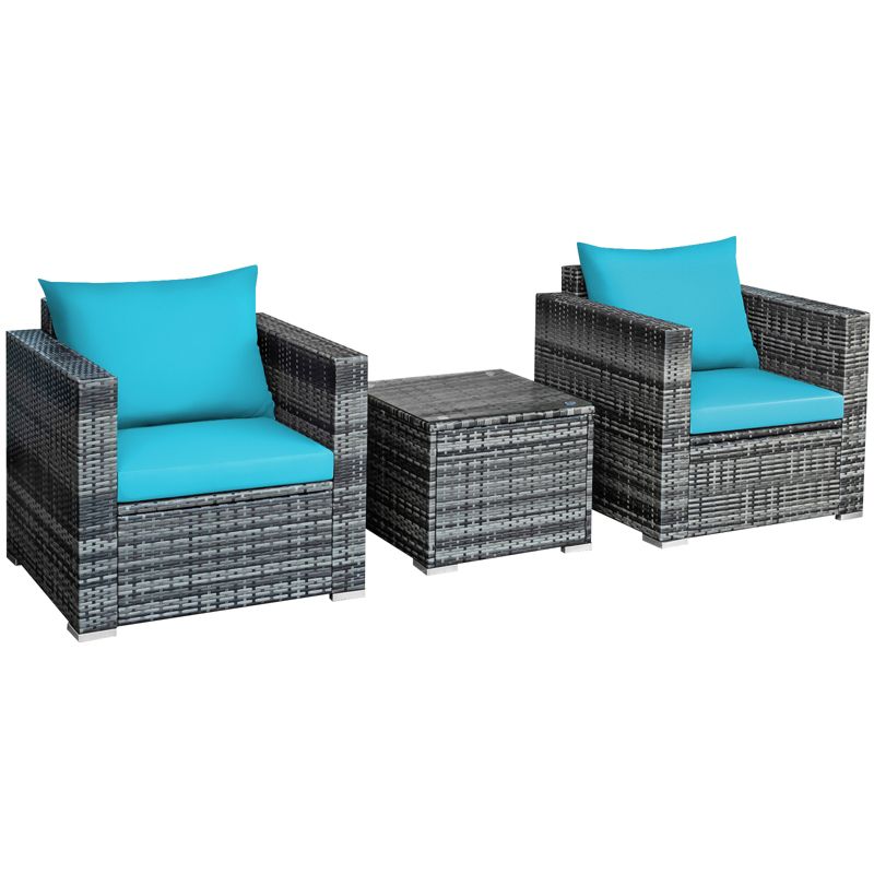 Tangkula 3PCS Patio Rattan Furniture Set Outdoor Bistro Set w/Washable Cushion for Garden Poolside Backyard Turquoise, 4 of 8