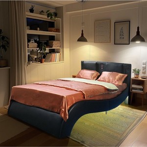 NicBex Queen/King Faux Leather Upholstered Bed Frame with LED,Wave Like Curve Platform Bed Frame with Bluetooth,Backrest Vibration Massage - 1 of 4