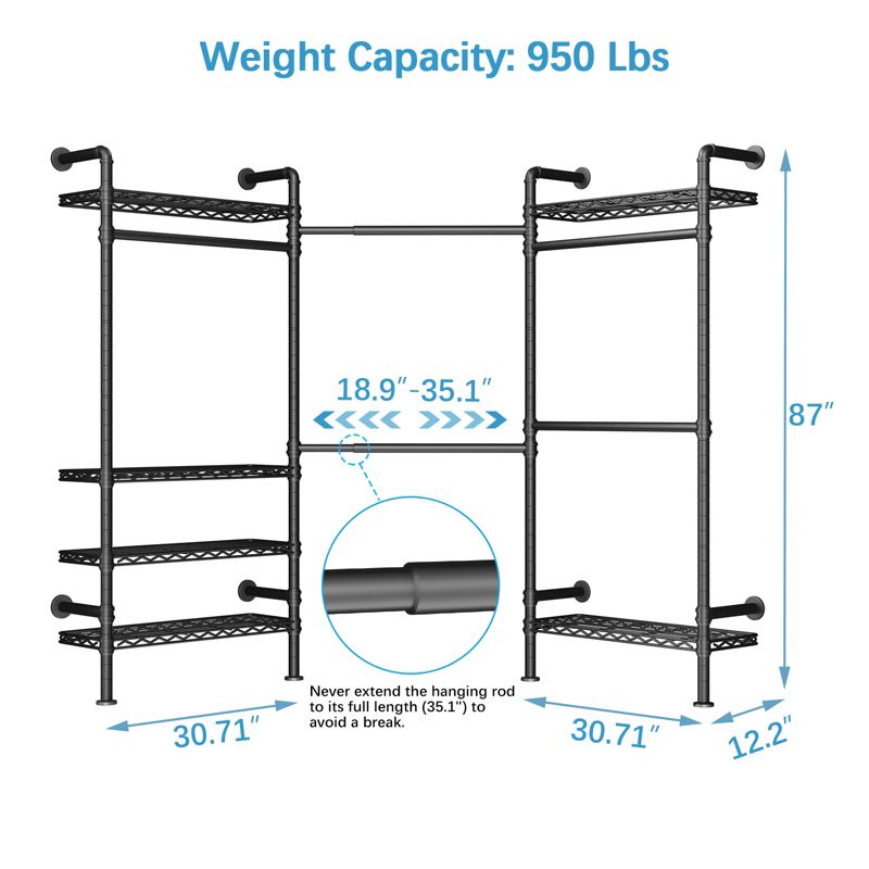 Timate L3 L Shape Garment Rack Heavy Duty Industrial Pipe Wall Mounted Clothing Rack Storage Closet Kit, 4 of 9