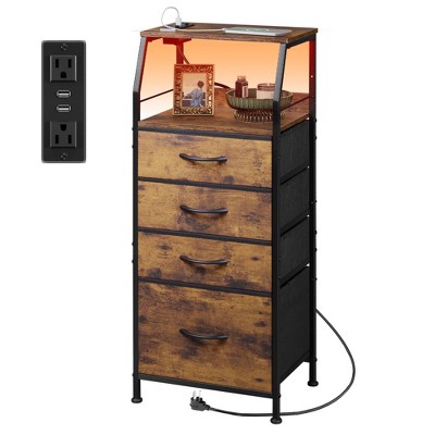 Dresser with 4 Drawers, Tall Nightstand and End Table with Charging Station, LED Light, Fabric Bins, Wood Shelf, USB Ports and Outlets