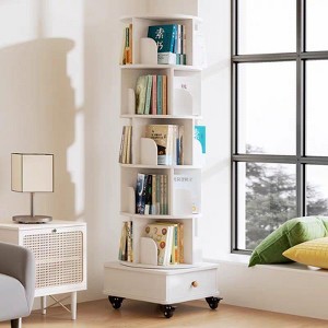 Vynxaria Rotating Bookshelf with Drawer, 360 Display 6 Tier Corner Bookshelf for Small Space, Floor Standing Bookcase Storage Rack, WHITE - 1 of 4