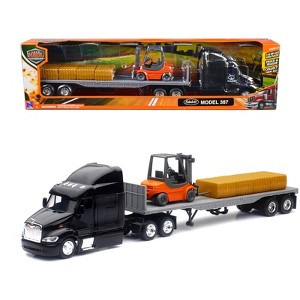 Peterbilt 387 Truck with Flatbed Trailer Black with Forklift and Hay Bales "Long Haul Trucker" 1/43 Diecast Model by New Ray - 1 of 3