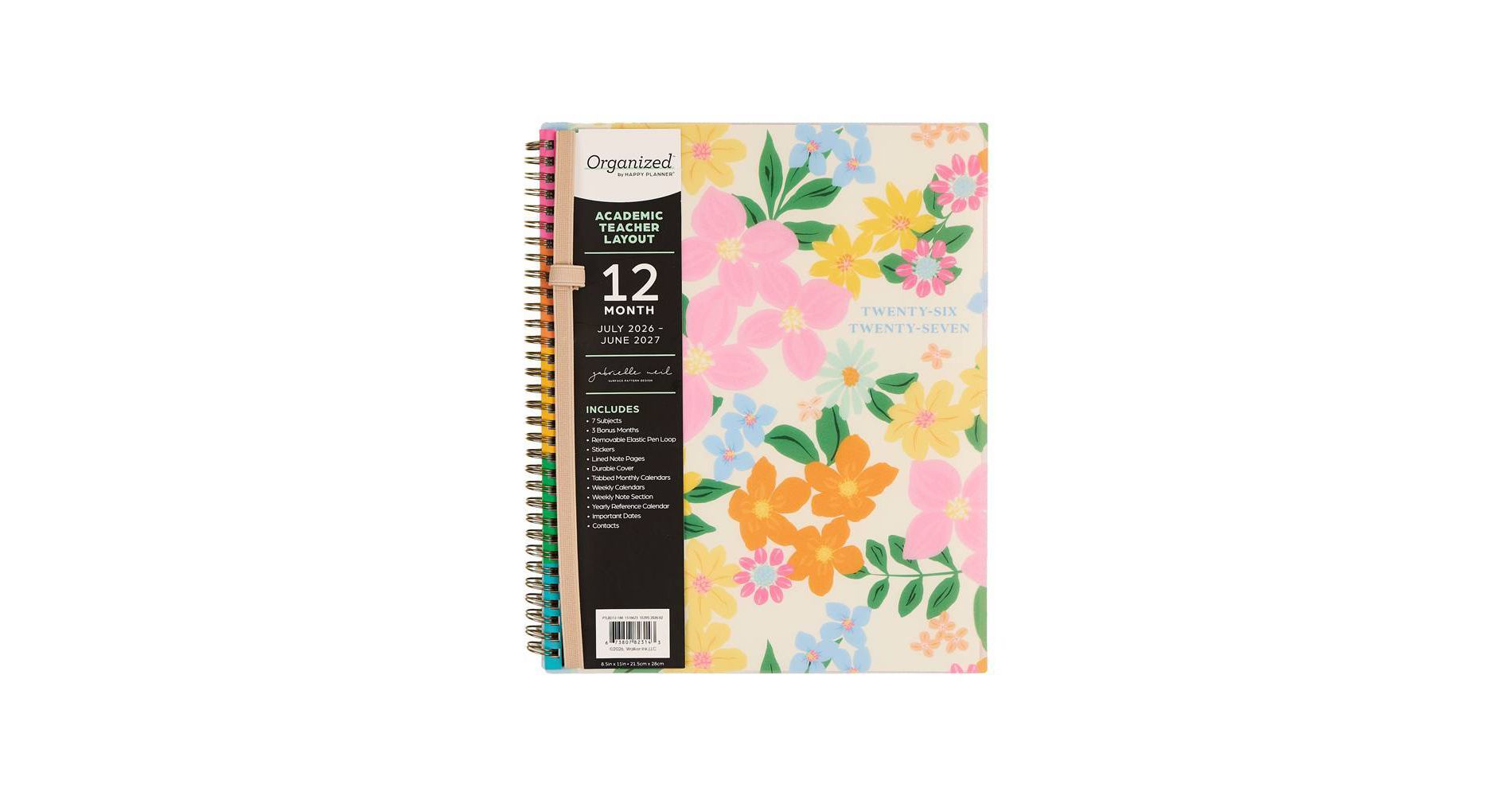 Happy Brands 2026-2027 9.375"x11.875" Organized Ditzy Garden Big 12 Months Twin Loop Dated Teacher Planner