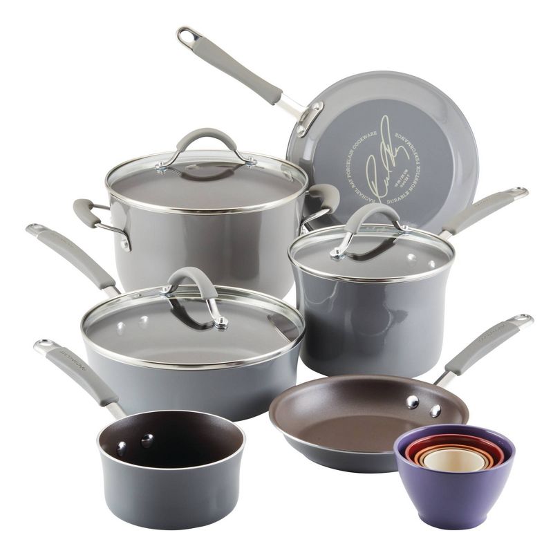 Rachael Ray Cucina 14pc Porcelain Enamel Nonstick Cookware and Measuring Cup Set Sea Salt Gray, 1 of 13