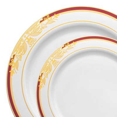 Smarty Had A Party White w/ Burgundy and Gold Rim Plastic Dinnerware Set - 120 Sets