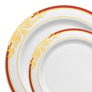 Smarty Had A Party White w/ Burgundy and Gold Rim Plastic Dinnerware Set - 120 Sets - 1 of 4