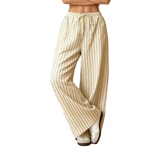 Women's High Waisted Wide Leg Pants, Lightweight Striped Palazzo Trousers with Drawstrin - 1 of 4