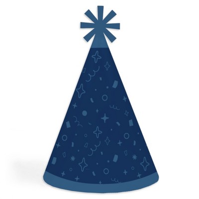 Big Dot of Happiness Navy Confetti Stars - Cone Happy Birthday Party Hats for Kids and Adults - Set of 8 (Standard Size)