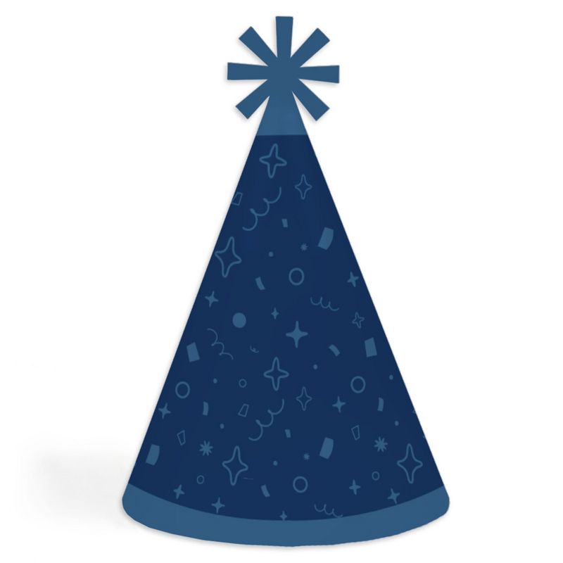 Big Dot of Happiness Navy Confetti Stars - Cone Happy Birthday Party Hats for Kids and Adults - Set of 8 (Standard Size), 1 of 8