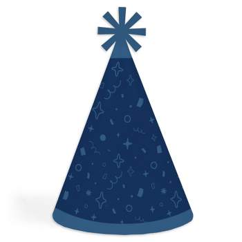 Big Dot of Happiness Navy Confetti Stars - Cone Happy Birthday Party Hats for Kids and Adults - Set of 8 (Standard Size)