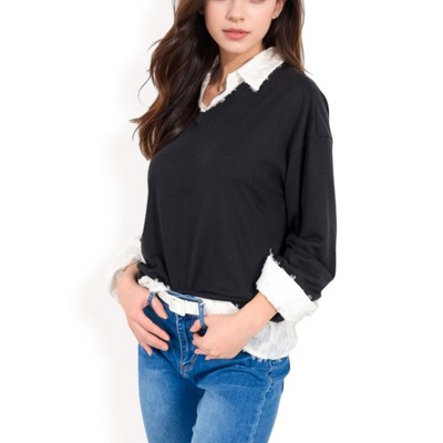 Anna-Kaci Women's V-Neck Top with White Lace Trim and Button Cuffs