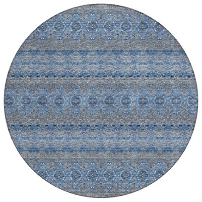 Navy Blue And Sky Blue Floral Medallion Washable Indoor Outdoor Area Rug