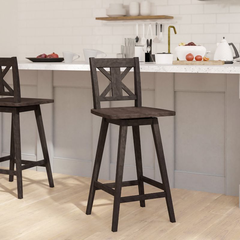 Emma and Oliver Wooden Modern Farmhouse Swivel Dining Stool with Decorative Carved Back, 2 of 12