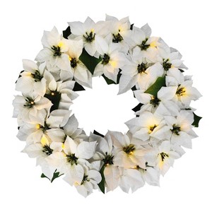 Puleo 24" Pre-Lit Battery-Operated Artificial White Poinsettia Wreath - 1 of 4