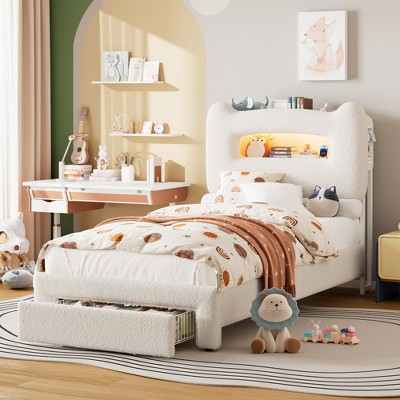 Upholstered Twin Bed Frame with Headboard, 2-Tier Storage, Charging Station & Drawer, Metal Platform, No Box Spring Needed