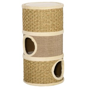 PawHut 28 Inch Cat Condo, 3 Story Cat Hideaway with Sisal Scratching Pad, Barrel Shaped Small Cat Tree for Indoor Cats, Khaki and Brown - 1 of 4