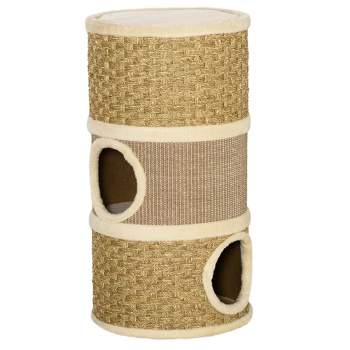 PawHut 28 Inch Cat Condo, 3 Story Cat Hideaway with Sisal Scratching Pad, Barrel Shaped Small Cat Tree for Indoor Cats, Khaki and Brown