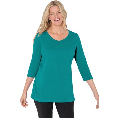 Woman Within Women's Plus Size Perfect Three-quarter Sleeve V-neck Tee ...