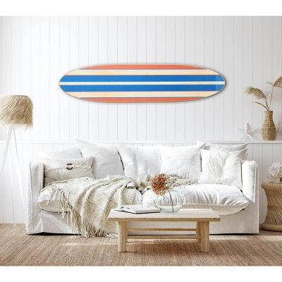 Colorful Marine Wood Surfboard Wall Art with Orange and Blue Stripes