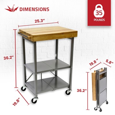 Foldable Silver Kitchen Cart with Wood Butcher Block Top