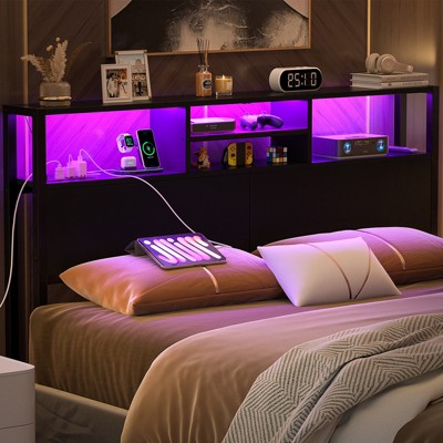 Aheaplus Storage Headboard with Power Outlets & Led Lights, Height Adjustable, Reversible Headboard