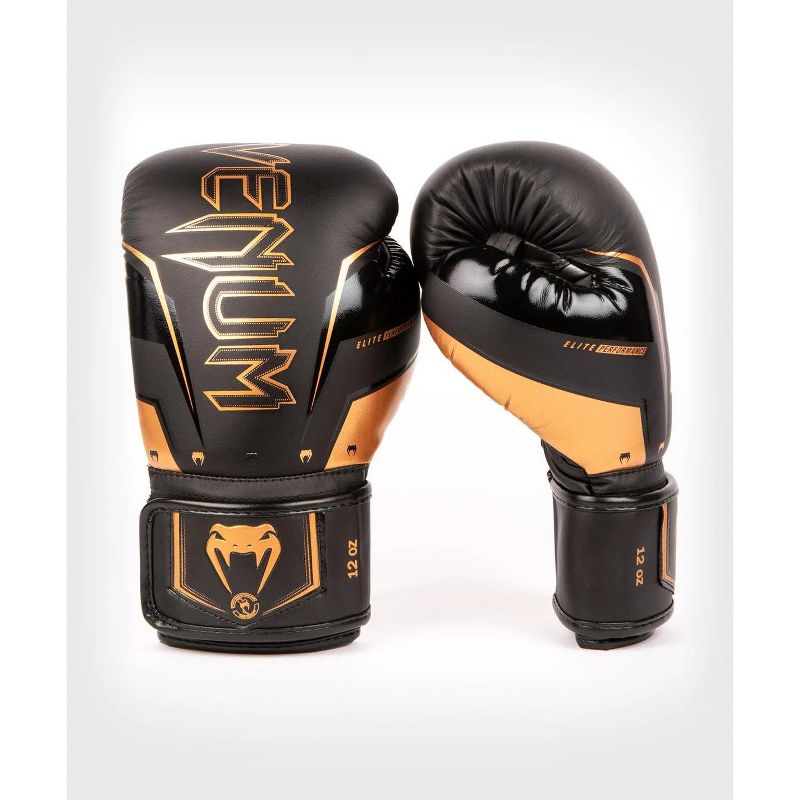 Venum Elite Evo Hook and Loop Boxing Gloves - Black/Bronze, 1 of 3