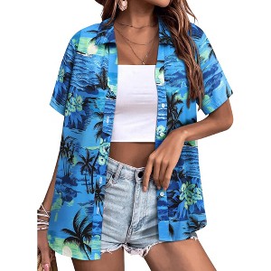 Nlife Women's Hawaiian Tropical Beach Blouses Floral Print Button Up Tee Shirts Summer Casual Tops - 1 of 4
