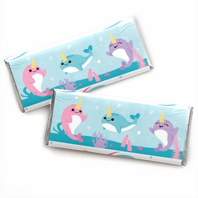 Big Dot of Happiness Narwhal Girl - Candy Bar Wrapper Under The Sea Baby Shower or Birthday Party Favors - Set of 24