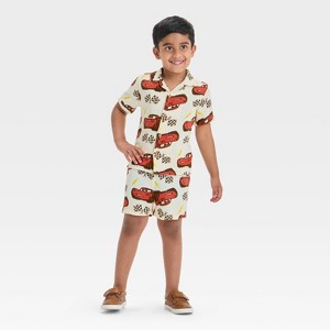 Toddler Boys' 2pc Disney Cars Lightning McQueen Gauze Button-Up Top & Shorts Set - Ivory - 1 of 4