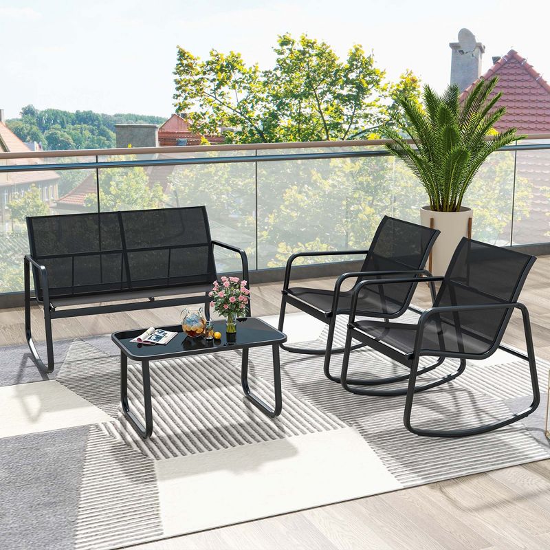 Costway 4/8 PCS Patio Rocking Set 4 Rocking Chairs & 2 Loveseat with Glass-Top Table Outdoor, 4 of 11