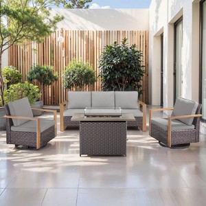 4 Pieces Patio Furniture Set with 41" Propane Fire Pit Table, Deep Seating Wicker Sofa Couch with Swivel Glider Chairs Set Patio Conversation Set - 1 of 4