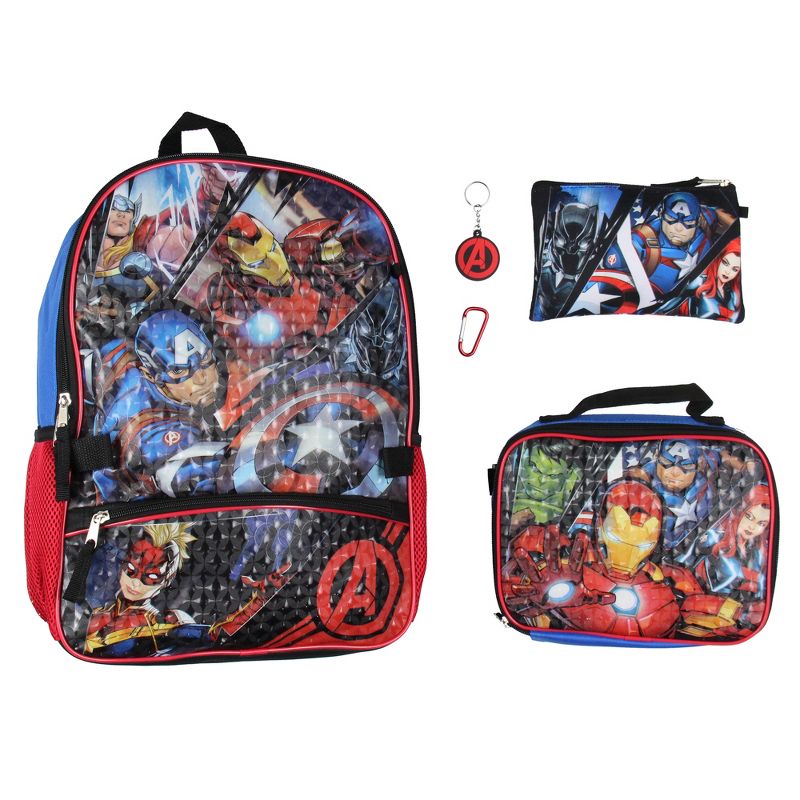 Marvel Avengers 5 Pc Kids Backpack Set Lunch Box Key Chain Pencil Case Carabiner Multicoloured, 1 of 7
