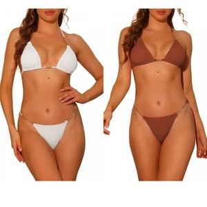 Elerevyo Women's Chain Halter Ribbed Lace Up Tie Back Triangle Bottoms Swimwear Bathing Suits 2 Sets - 1 of 4