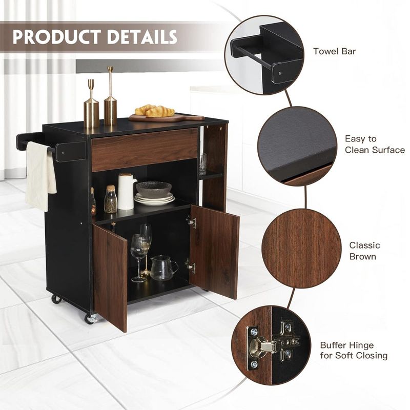 JOMEED Kitchen Countertop Island Cabinet Rolling Cart with Storage Drawers and Towel Rack, for Home, Dining Room, and Living Room, Black/Brown, 3 of 7