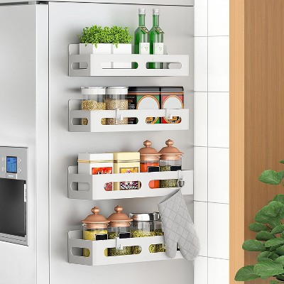 Attop 4-Pack White Magnetic Refrigerator Spice Racks – Removable Shelf Organizer with 4 Hooks for Kitchen/Oven