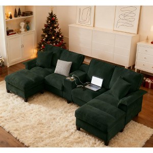 120" Modular Corduroy Sectional Sofa Bed U-Shape 4-Seater Storage Chaise Console Cup Holders Hardwood Frame Living Room Apartment Lounge - 1 of 4