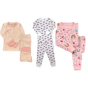 BenBen Kids 3 Pack Pajamas - Stripes/Pink Rainbows/Butterflies - 1 of 4