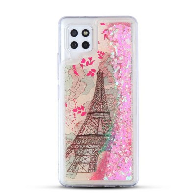 MyBat Quicksand Glitter Hybrid Protector Cover Case Compatible With Samsung Galaxy A42 5G - Eiffel Tower Pink Hearts