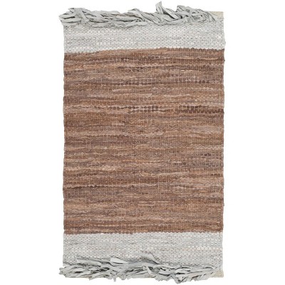 Handmade Light Grey and Brown Leather Area Rug