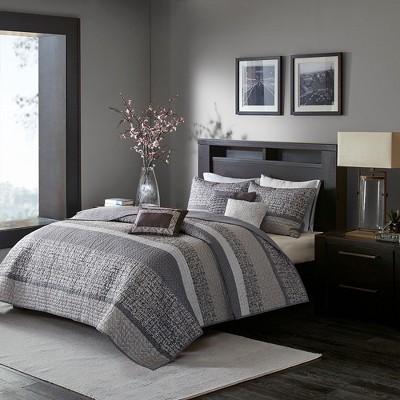 Full/Queen Grey and Taupe Reversible Jacquard Quilt Set