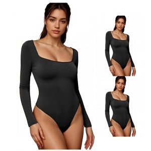 INSPIRE CHIC 3 Packs Women's Long Sleeve Bodysuit Slim Fit Square Neck Tummy Control Brief Leotard - 1 of 4