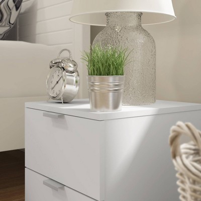 Matte White Modern 2-Drawer Nightstand with Silver Pulls