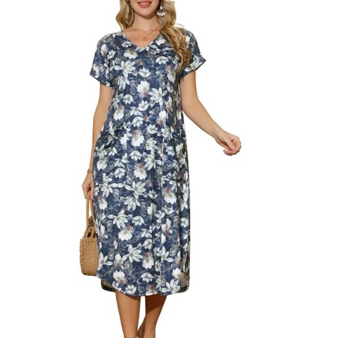 Женские платья INSPIRE CHIC Women's Floral V Neck Rolled Short Sleeve with Pockets Casual Midi Dress Dark Blue Small